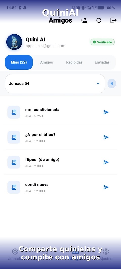 Lista de quinielas guardadas y compartidas con amigos
